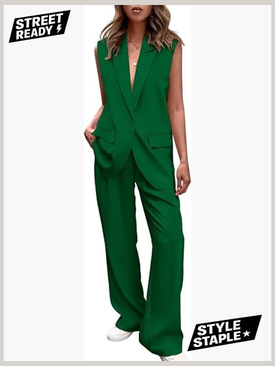 Pants - 2 Piece Business Casual Blazer Set - Vest & Wide Leg Pants